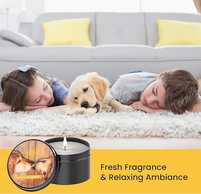 Scented Candle in Tin - Handcrafted Aromatherapy Candle for Pets - Pet-Friendly and No Harsh Chemicals Soy Candle - Burns up to 60 Hours - Honeysuckle Jasmine
