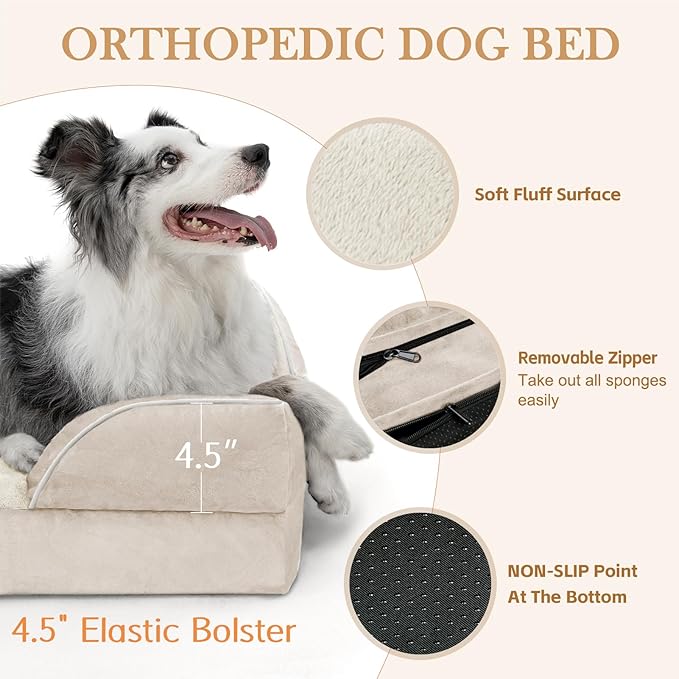 Waterproof Dog Beds for Large Breed Dogs, Large Dog Beds Orthopedic Foam, Comfy Pet Bed Sofa with Washable Removable Cover & Non-Slip Bottom(Large,Beige)