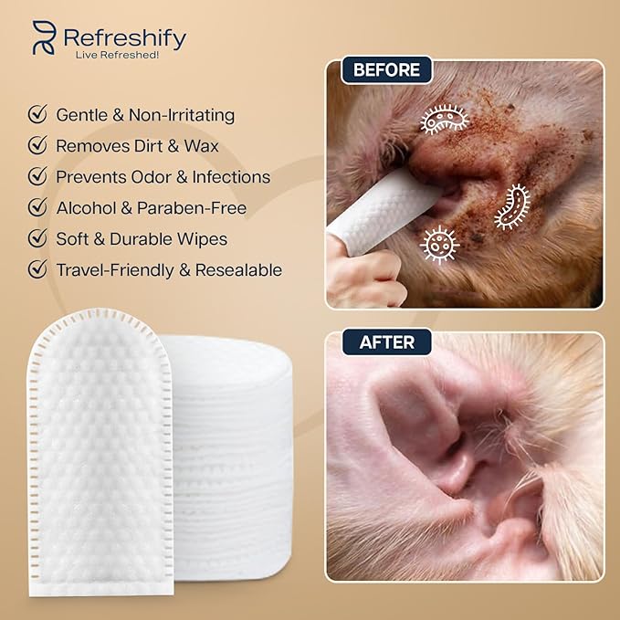 Pet Finger Ear Wipes for Dogs & Cats – 100 Count Finger Wipes – Gentle Ear Cleaner, Reduces Wax & Odor – Non-Irritating, Easy Finger Design for Pets