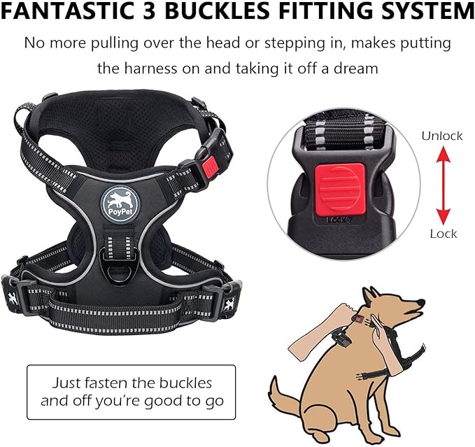 PoyPet No Pull Dog Harness, No Choke Front Lead Dog Reflective Harness, Adjustable Soft Padded Pet Vest with Easy Control Handle for Small to Large Dogs(Black,XS)