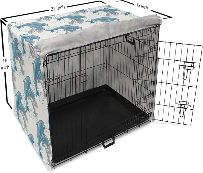 Lunarable Dolphin Dog Crate Cover, Happy Dolphins Jumping and Swimming in Deep Water Grey and Blue Mammals, Easy to Use Pet Kennel Cover for Small Dogs Puppies Kittens, 22 Inch, Blue Grey Slate Blue
