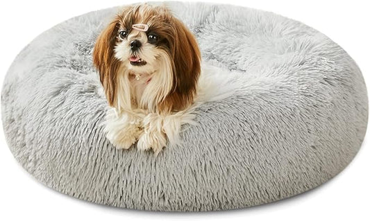 【2021 Upgraded】 Western Home Round Dog Bed for Small Dogs, Calming Donut Cuddler Pet Bed,Fluffy Plush Faux Fur Cat Bed(24", Grey)