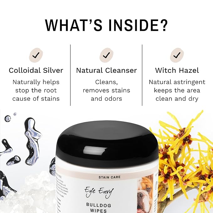 Eye Envy Bulldog Wrinkle Wipes. Wrinkle Wipes for French Bulldog, Pug, English Bulldog. Cleans Wrinkles, Bulldog Tail Pockets. Removes Stains and Odors. Natural, Unscented Wipes. USA Made. 60 Count