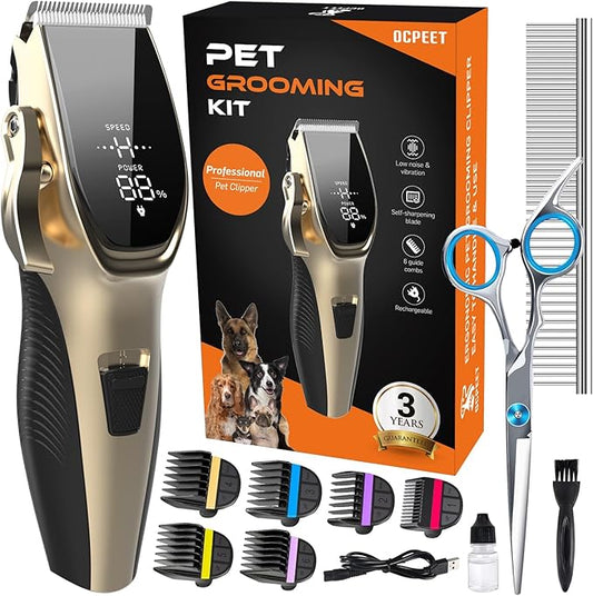 Dog Grooming Kit Low Noise，Cordless 4 in 1 Dog Clippers for Grooming Rechargeable Pet Cat Trimmer with 2 Speed,6 Guards,Scissors,Comb for Small Medium Large Pets Dogs Cats Thick Hair Cutting(Gold)