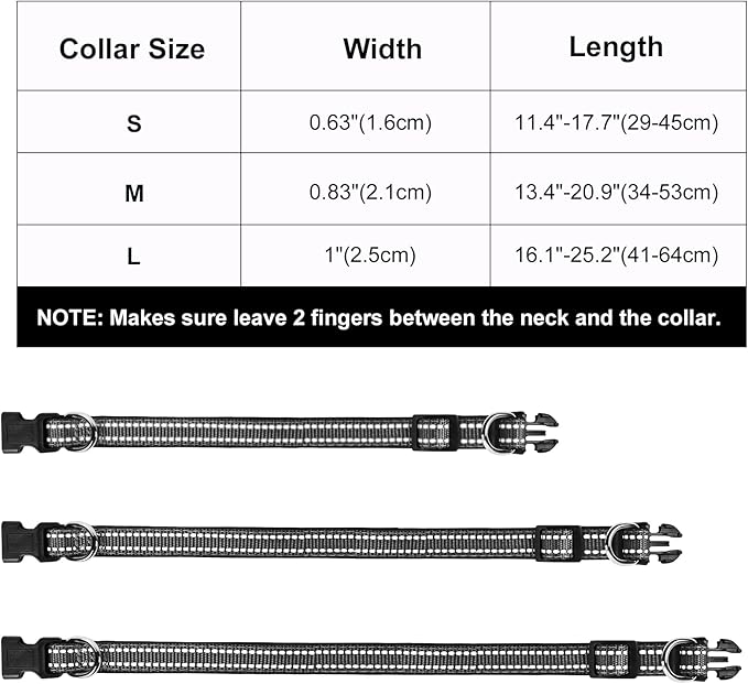 AUAUY Reflective Nylon Dog Collars, Adjustable Classic Pet Collars with Soft Neoprene Padding, Double Security Dual D-Ring and Quick Release Buckle for Small Puppy, Medium and Large Dogs (Black-M)