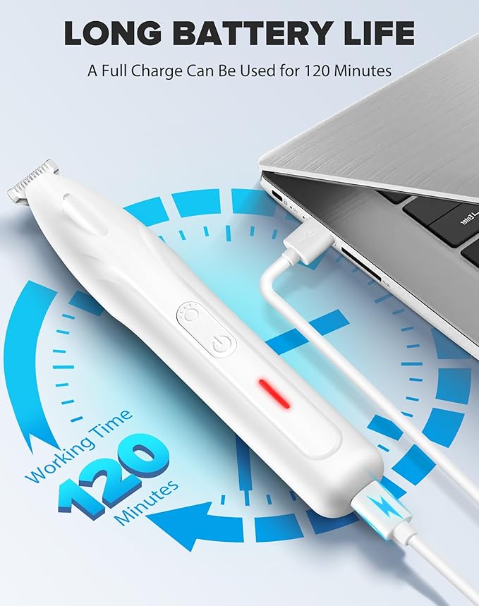 Paw Trimmer, 2 Speed Low Noise Dog Clippers for Grooming, Cordless Rechargeable Dog Hair Trimmer with LED Light, Widen Blade Cat Pet Hair Shaver for Paws, Eyes, Ears, Face, Rump (White)