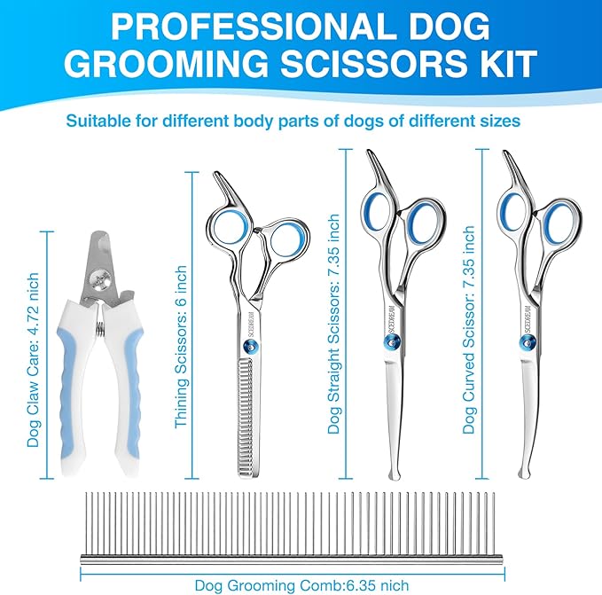 Professional Dog Grooming Scissors with Safety Round Tips, 5 in 1 Dog Grooming Scissors Kit, 4CR Stainless Steel Professional Pet Grooming Shears for Dogs/Cats, Sharp and Durable, Blue