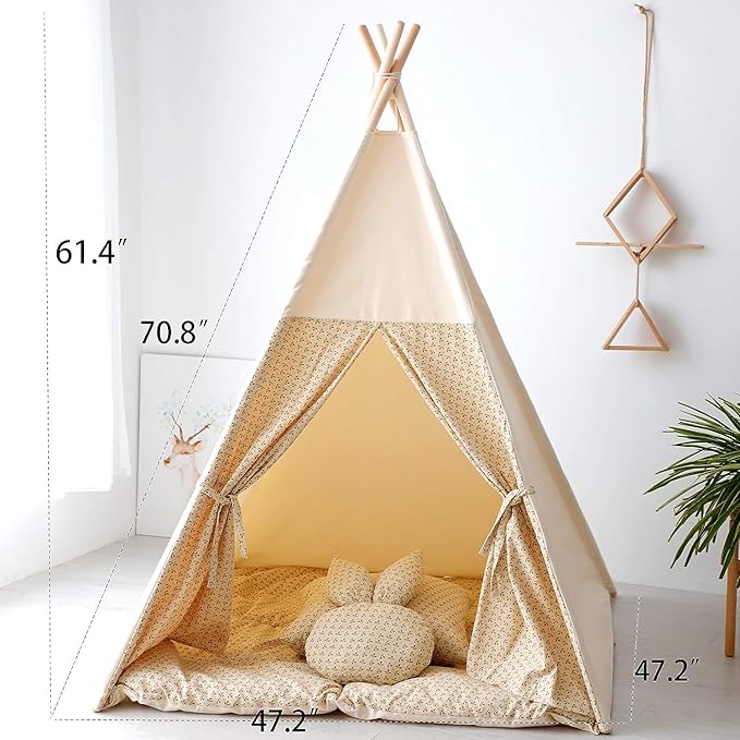 Teepee Tent for Kids with Mat,Foldable Play Tents for Girl and Boy with Carrybag,Canvas Tipi Playhouse for Children Indoor Outdoor(Beige & Mat)