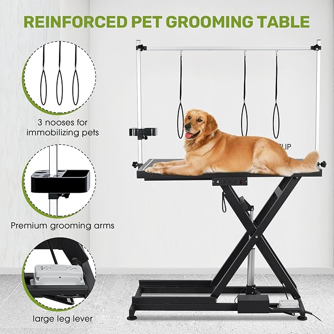 PullaFun 50" Professional Dog Grooming Table,Heavy Duty X-Type Electric Lift Large Pet Grooming Table w/Aluminum Dog Grooming Arm,Anti Slip Tabletop,Tool Organizer/Dog Grooming Station(Black, 50")