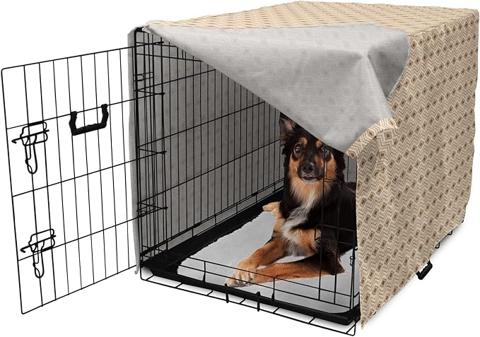 Lunarable Contemporary Brown Dog Crate Cover, Horizontal Rhombus and Zigzag, Easy to Use Pet Kennel Cover for Medium Large Dogs, 36 Inch, Pastel Brown Champagne