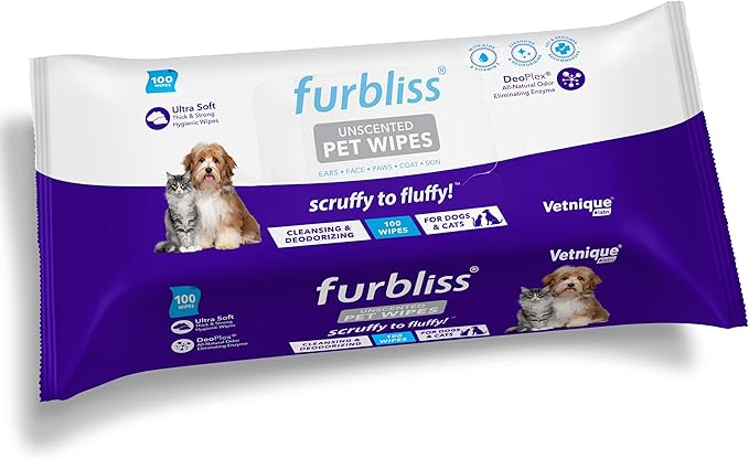 Vetnique Labs Furbliss Hygienic Pet Wipes for Dogs & Cats, Cleansing Grooming & Deodorizing Hypoallergenic Thick Wipes with All Natural Deoplex Deodorizer (Unscented, 100ct Pouch)