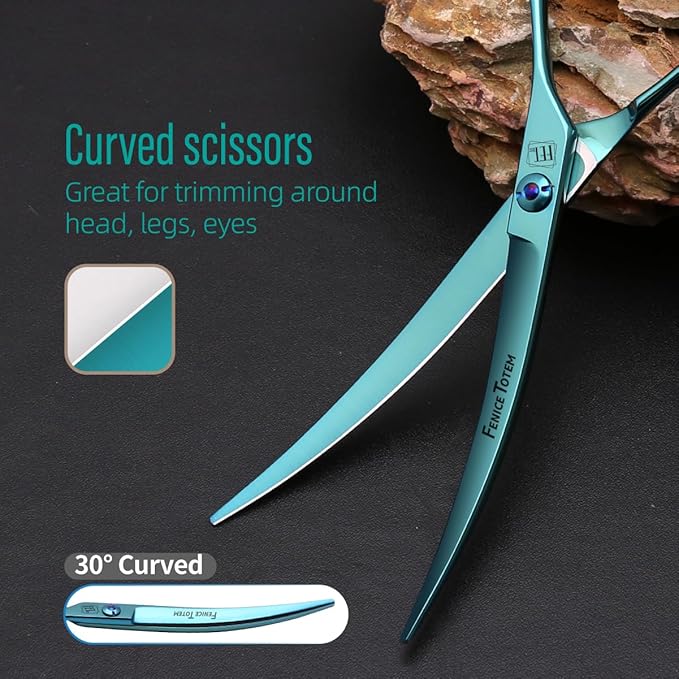 Dog Grooming Scissors: Blueish Green 7.5 inch Professional Pet Curved Shears Made Of Japanese 440C Advanced Stainless Steel for Dogs Cats and Other Pets