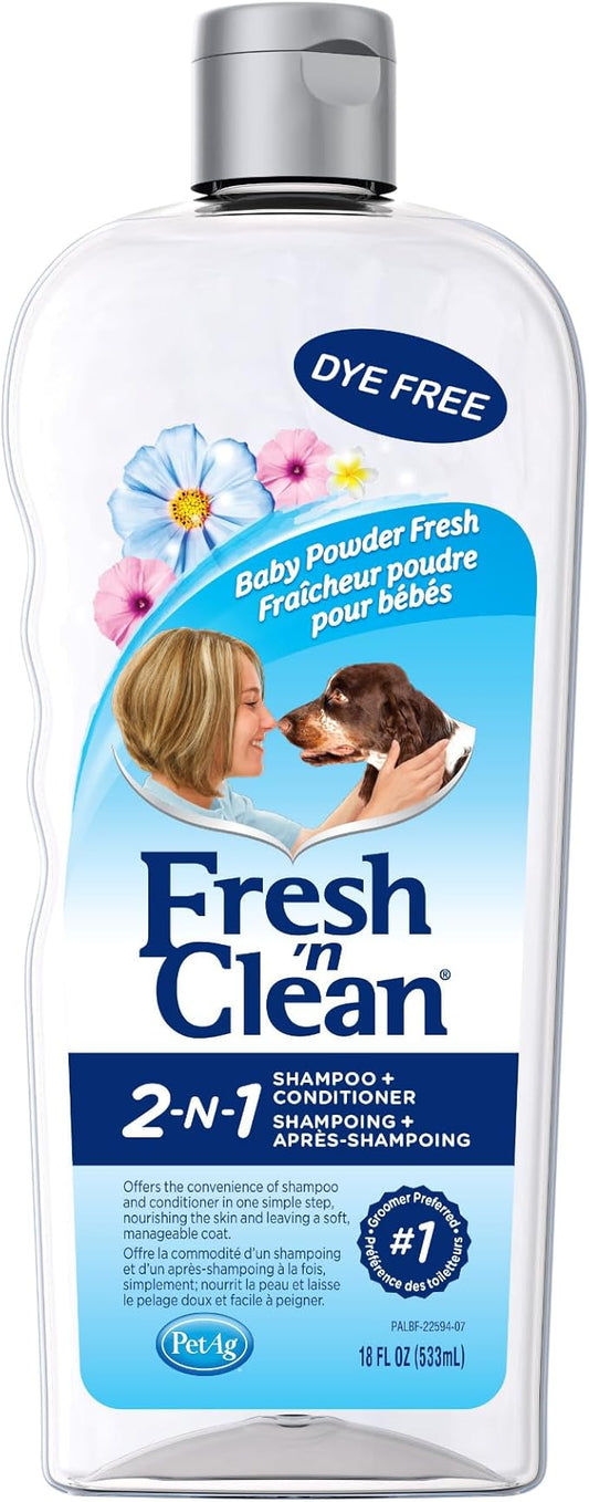 PetAg Fresh ’n Clean 2-N-1 Conditioning Shampoo, Baby Powder Scent - 18 oz - Moisturizes with Vitamin E & Aloe Vera - Strengthens & Repairs Coats - Soap Free