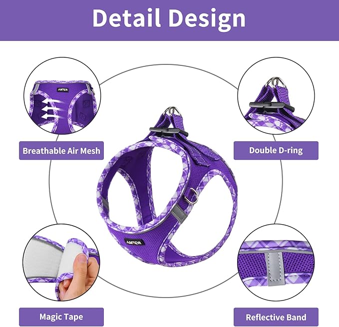 AMTOR Small Dog Harness with Leash Set, No Escape Easy Walk Puppy Harnesses for Training Walking, Step-in Reflective Soft Dogs Vest for XS S Medium Extra-Small Large Sized Dog(Purple,S)