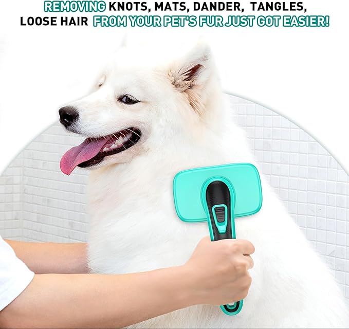 Dog Brush for Shedding, Self-Cleaning Slicker for Short & Long Haired Pets, Removes Mats, Tangles, Fur, Gentle on Skin, Ideal for Small, Medium, Large Dogs. Includes Flea Comb & Nail Clipper