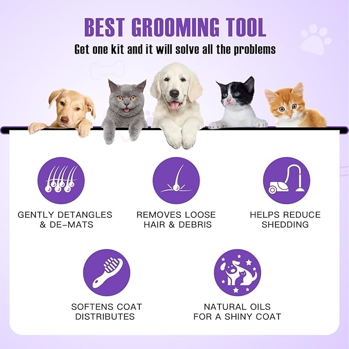 Dog Grooming Brush Kit 5-in-1 with Interchangeable Heads – Ideal for Medium & Large Dogs and Cats with Medium to Long Hair – Reduces Shedding, Removes Tangles, and Controls Loose Fur. Purple