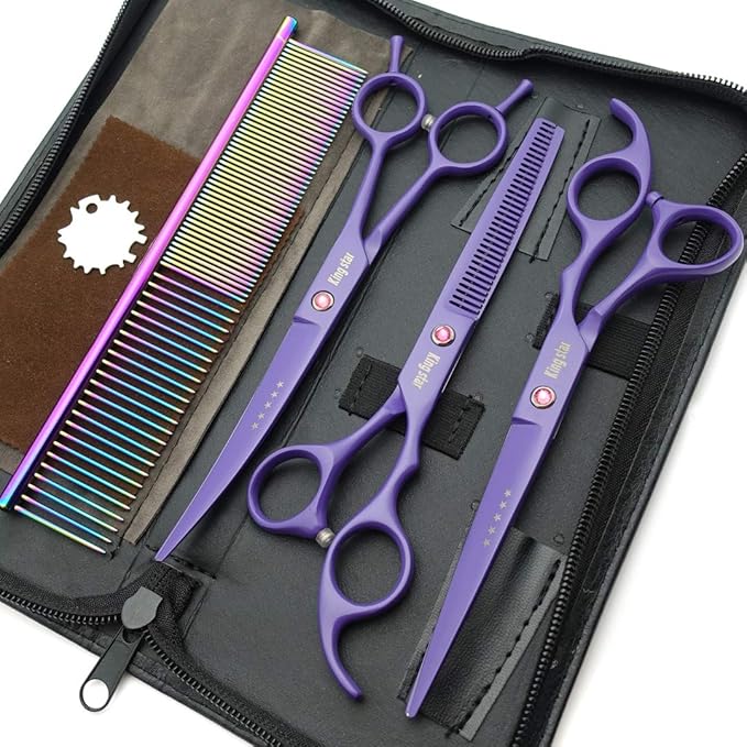 7.0in. Matt Purple Professional Pet Grooming Scissors Set,Straight & Thinning & Curved Scissors Set with Comb,case,A429