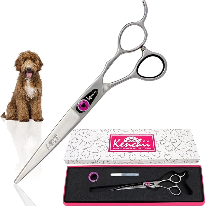 Kenchii Dog Grooming Scissors | 7 Inch Shears | Curved Scissors for Dog Grooming | Love Collection Dog Shears | Pet Grooming Accessories | Pet Hair Trimming Scissor