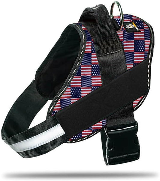 Non Pull Dog Harness with Patch Panels and Handle, Adjustable, Reflective, No Choke, Heavy Duty Easy On Service Dog Vest Harnesses for Medium Large Small Sized Dogs - US Flag, L