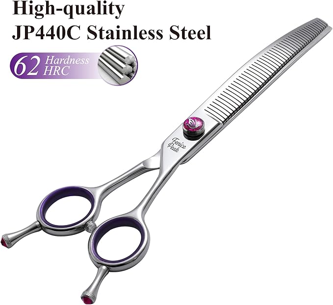 Fenice Peak 6.5'' Fluffy Dog Grooming Scissors Professional 440C Curved Thinning Shears 55% Thinning Rate and 30°Curved Sharp and Durable with Decorative Screws & Tails