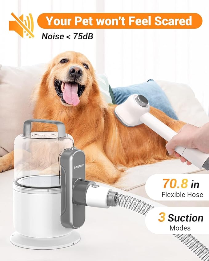 Dog Vacuum Grooming Kit for Shedding: Professional Hair Clippers Pet Groomer - Strong Suction Cleaner Deshedding Tool Fur Brush Attachment Trimmer for Home Cat (Off-White)
