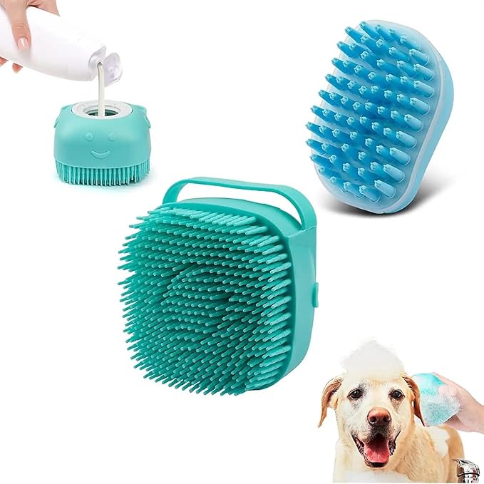 Dog Bath Brush - Pet Grooming Brush with Soap Dispenser - Soft Silicone Dog Shampoo Brush Scrubber - Short Long Haired Dogs and Cats Washing - 2 Count