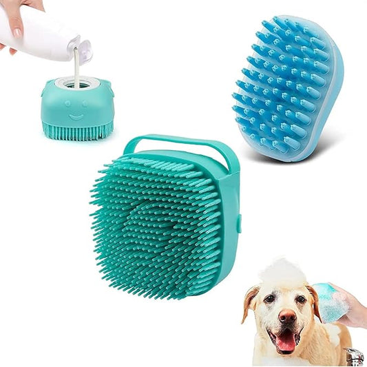 Dog Bath Brush - Pet Grooming Brush with Soap Dispenser - Soft Silicone Dog Shampoo Brush Scrubber - Short Long Haired Dogs and Cats Washing - 2 Count