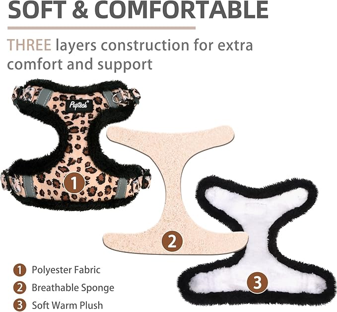 PUPTECK No Pull Dog Harness and Leash Set Reflective No Choke Step in Puppy Halter for XS Small and Medium Sized Dogs, Brown Leopard Print, Plush, L