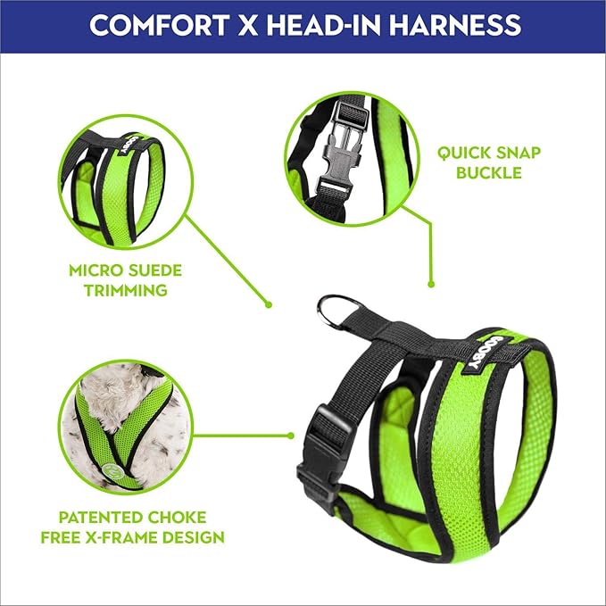 Gooby Comfort X Head In Harness - Green, X-Large - No Pull Small Dog Harness, Patented Choke-Free X Frame - Perfect on the Go Dog Harness for Medium Dogs No Pull, Small Dogs for Indoor and Outdoor Use