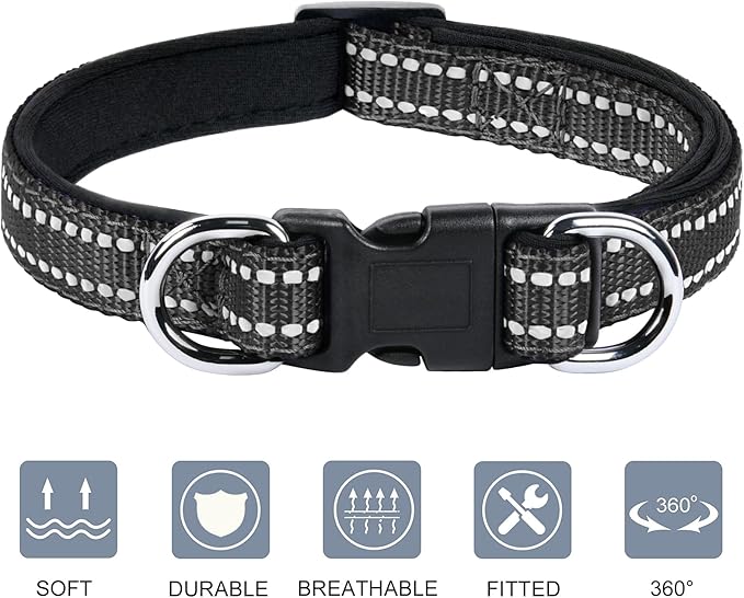 AUAUY Reflective Nylon Dog Collars, Adjustable Classic Pet Collars with Soft Neoprene Padding, Double Security Dual D-Ring and Quick Release Buckle for Small Puppy, Medium and Large Dogs (Black-M)