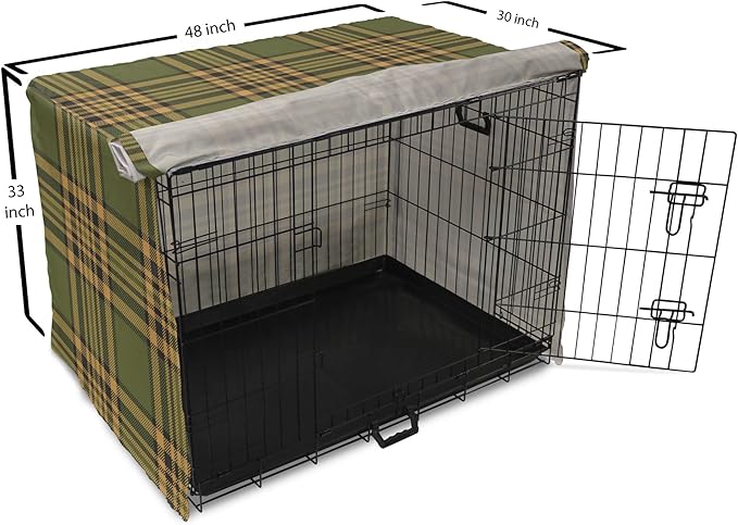 Lunarable Plaid Dog Crate Cover, Tartan Pattern in Autumn Tones Old Fashioned Design Country Illustration, Easy to Use Pet Kennel Cover for Medium Large Dogs, 48 Inch, Olive Green Mustard