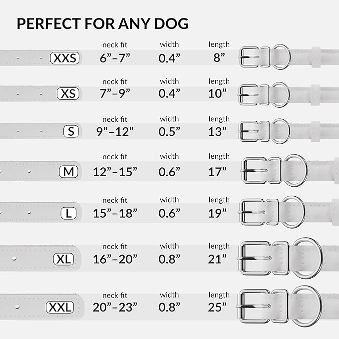 CollarDirect Rolled Leather Dog Collar, Soft Padded Round Puppy Collar, Handmade Genuine Leather Collar Dog Small Large Cat Collars 13 Colors (8-11 Inch, White Textured)