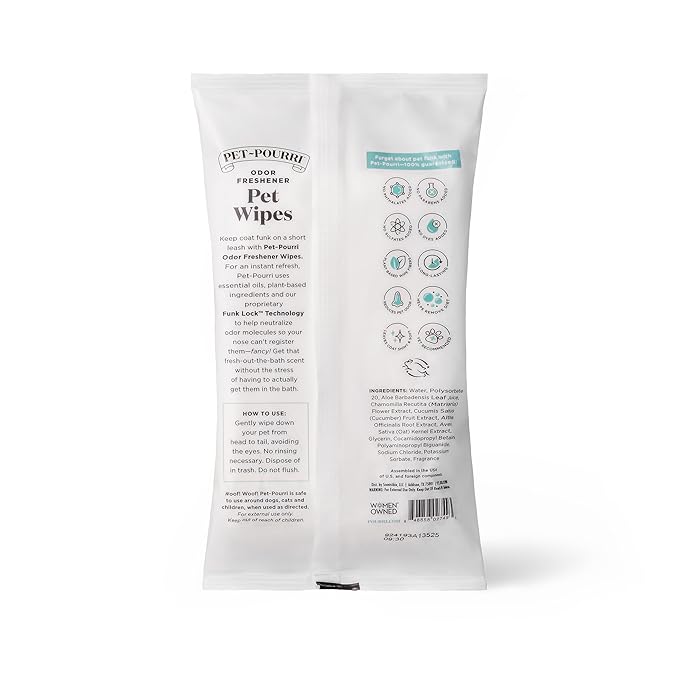 Pet-Pourri Pawsitively Fresh Deodorizing Pet Wipes – Quick Cleaning Wipes for Dogs & Cats – Plant Based Ingredients – Vet Recommended – Cleaner Odor Remover Wipes for Paw, Fur & Skin Soothing