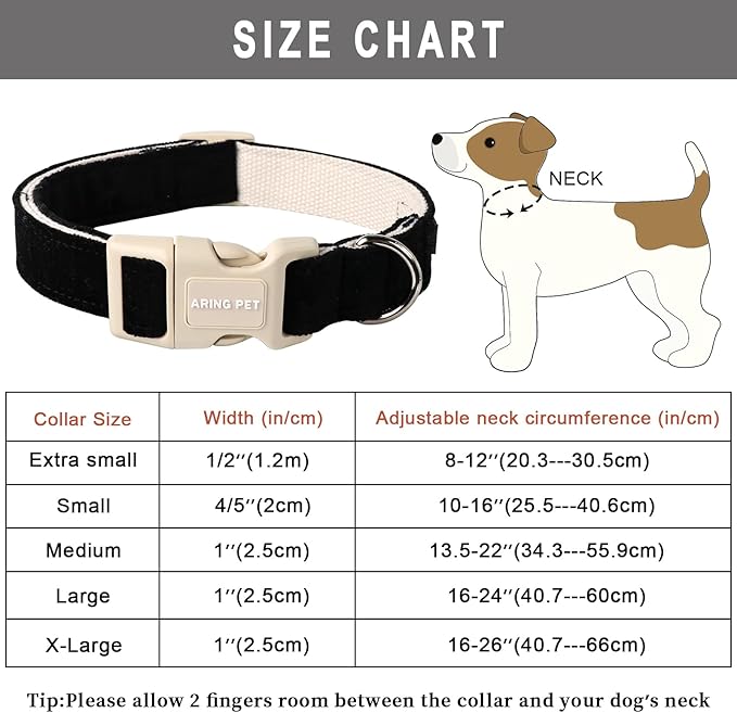ARING PET Dog Collar-Cotton Black Dog Collar for Small Dogs, Adjustable Lightweight Pet Collars with Quick Release Buckle for Small Medium Large Dog