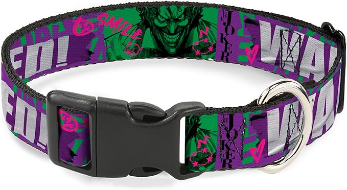 DC Comics Pet Collar, Dog Collar Plastic Buckle, The Joker Wanted Smiling Pose and Graffiti Purples Greens, 16 to 23 Inches 1.5 Inch Wide
