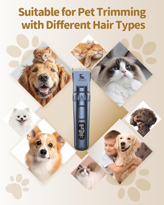 Vovo Dog Clippers - 3-Speed Heavy Duty, Low Noise Rechargeable Cordless Electric Dog & Cat Grooming Kit (Blue)