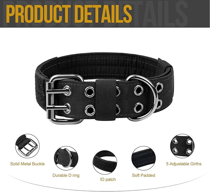 OneTigris Military Adjustable Dog Collar with Metal D Ring & Buckle 2 Sizes (Black, M)