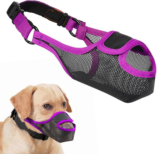 LUCKYPAW Dog Muzzle, Mesh Muzzle for Large Medium Small Dogs with Front Opening Design, Dog Mouth Cover to Prevent Biting, Licking, Chewing, Scavenging, Allows Drinking (XS-Snout:6½-7½", Purple)
