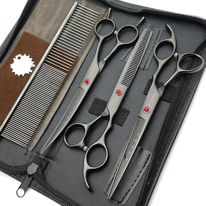 Kingstar 7.0in Professional Pet Grooming Scissors Set,Straight & Thinning & Curved Scissors 3pcs Set with Comb for Dog Grooming,A419 (Black-Grey)
