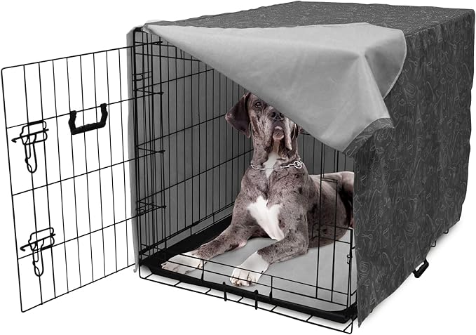 Ambesonne Fishing Theme Dog Crate Cover, Monochrome Illustration with Hand Drawing Angling and Camping Objects, Easy to Use Pet Kennel Cover for Medium Large Dogs, 48 Inch, White and Grey