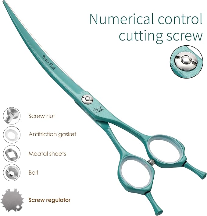 Fenice Peak Curved Dog Grooming Scissors with Cyan Color Coating 440C Stainless Steel Pet Grooming Bending Shears Sharp and Durable Comfortable Engonomic Handle