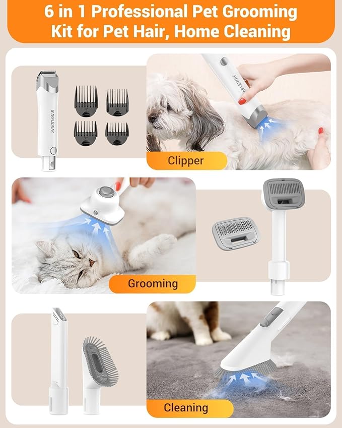 Dog Vacuum Grooming Kit for Shedding: Professional Hair Clippers Pet Groomer - Strong Suction Cleaner Deshedding Tool Fur Brush Attachment Trimmer for Home Cat (Off-White)
