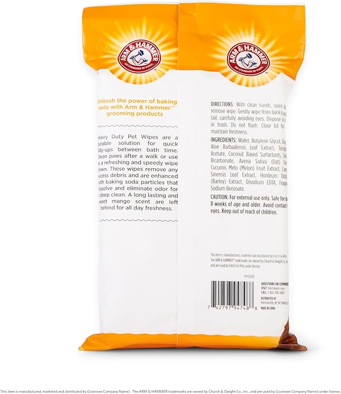 Arm & Hammer for Pets Heavy Duty Multipurpose Bath Wipes for Dogs, Travel Size, Mango Scent | All Purpose Dog Wipes Remove Odor & Refresh Skin for Pets | 30 Ct Pack of Travel Pet Wipes