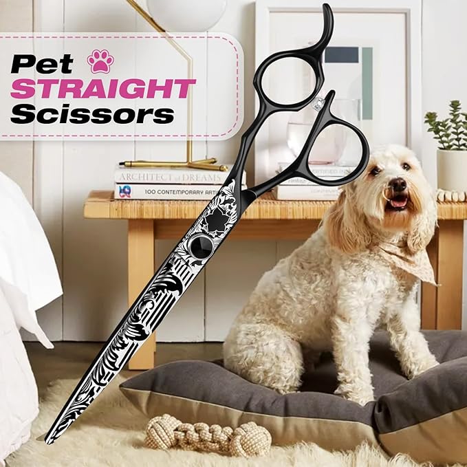 JASON Professional 6 in 1 Dog Scissors Set - Thinning Shear, Straight Scissor, Chunker, Down-curved Shears and Comb for Cat Pet (Black, 7")