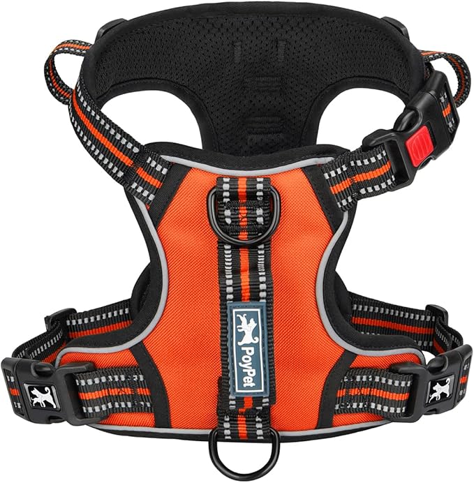 PoyPet No Pull Dog Harness, No Choke Front Clip Reflective Dog Vest with Soft Padded Vertical Handle, 3 Leash Attachments for Small Medium Large Dogs (Orange,XL)