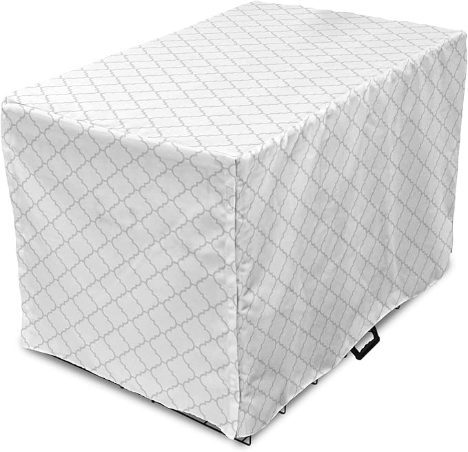 Lunarable Grey Dog Crate Cover, Moroccan Traditional Trellis Pattern Simple Geometric Monochrome Tile, Easy to Use Pet Kennel Cover for Medium Large Dogs, 36 Inch, White Grey