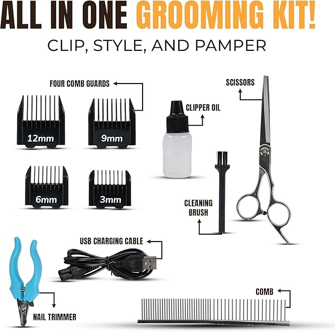 Anti-Clogging Dog Hair Clipper – Cordless, Waterproof & Rechargeable Pet Grooming Trimmer for Thick Coats – Low Noise, High-Power Blade for Dogs & Cats (Gold)