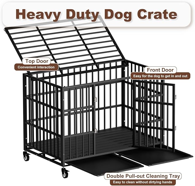 48 Inch Heavy Duty Dog Crate with Wheels，Indestructible Escape-Proof Dog Cage for Large Dogs, Extra Large XL XXL Indestructible Dog Crate with Removable Tray.