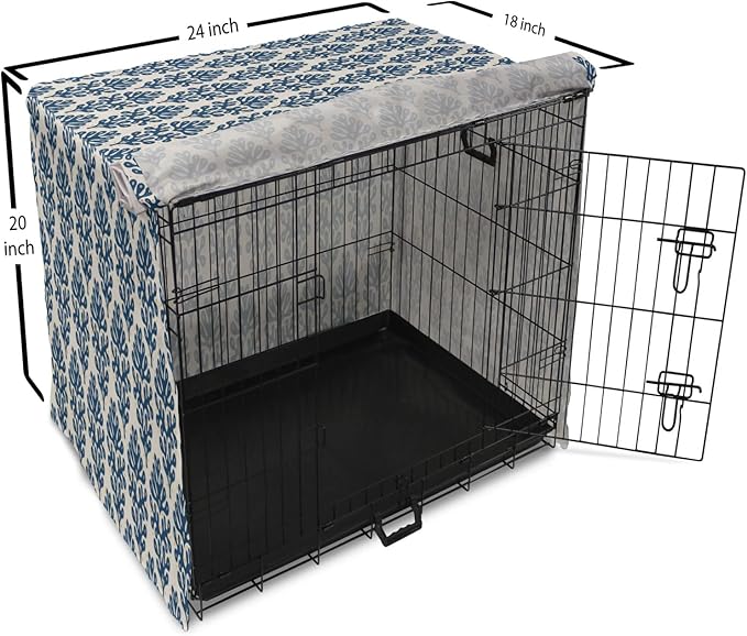 Lunarable Contemporary Blue Dog Crate Cover, Abstract Coral Inspired Motifs with Dots Around, Easy to Use Pet Kennel Cover for Cats & Medium Dogs, 24 Inch, Pale Eggshell Night Blue