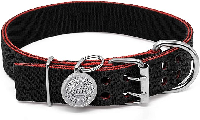 Pit Bull Collar, Dog Collar for Large Dogs, Heavy Duty Nylon, Stainless Steel Hardware (Large, Black with Red Trim)